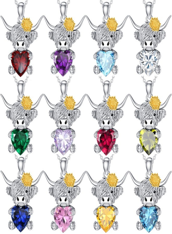LONAGO Highland Cow Pendant Necklace with Heart Birthstone Cow Necklace Jewelry Gift for Women (February-Amethyst) - Image 5