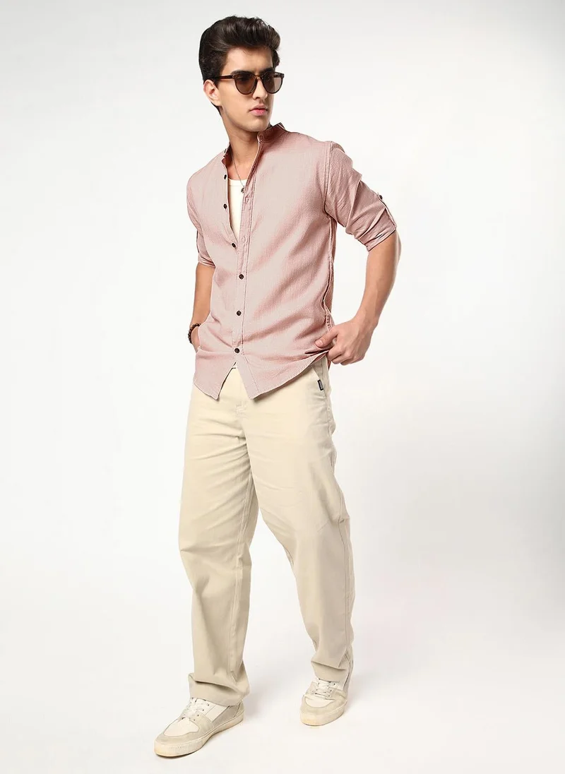 Urbano Fashion  Urbano Fashion Men's Dusty Pink Linen Blend Full Sleeve Relaxed Fit Mandarin Collar Casual Solid Shirt for Men | Best Price UAE