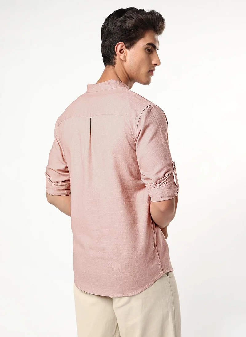 Urbano Fashion  Urbano Fashion Men's Dusty Pink Linen Blend Full Sleeve Relaxed Fit Mandarin Collar Casual Solid Shirt for Men | Best Price UAE