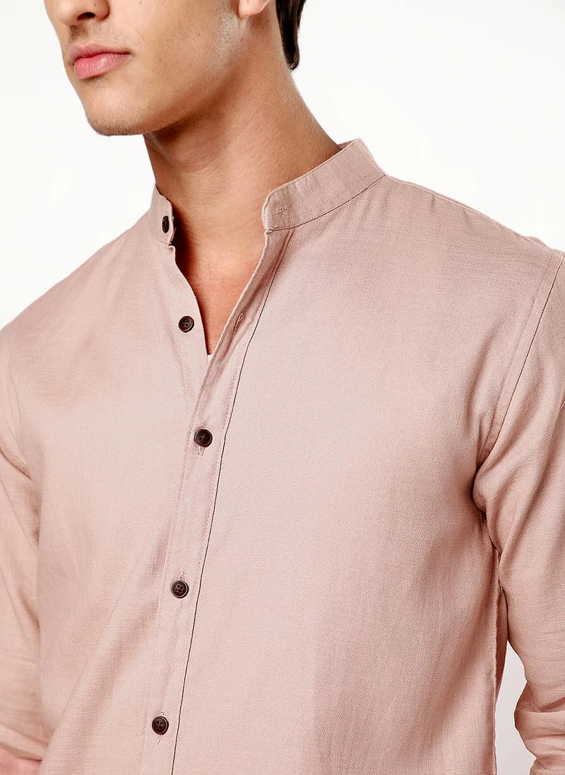 Urbano Fashion  Urbano Fashion Men's Dusty Pink Linen Blend Full Sleeve Relaxed Fit Mandarin Collar Casual Solid Shirt for Men | Best Price UAE