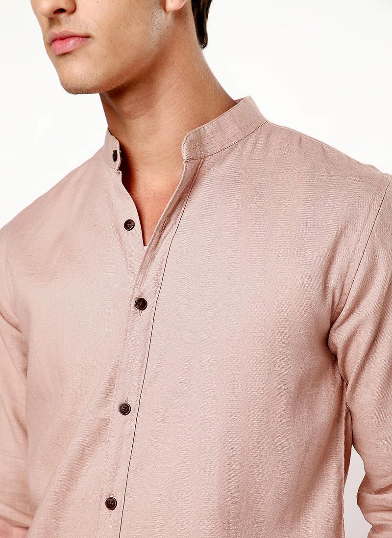 Urbano Fashion Men's Dusty Pink Linen Blend Full Sleeve Relaxed Fit Mandarin Collar Casual Solid Shirt - Image 5