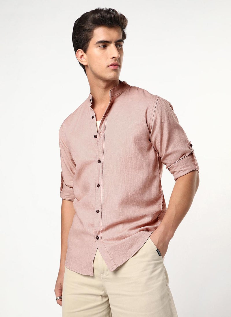 Urbano Fashion Men's Dusty Pink Linen Blend Full Sleeve Relaxed Fit Mandarin Collar Casual Solid Shirt - Image 2