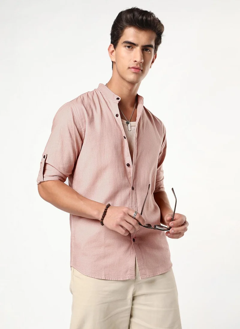 Urbano Fashion Men's Dusty Pink Linen Blend Full Sleeve Relaxed Fit Mandarin Collar Casual Solid Shirt