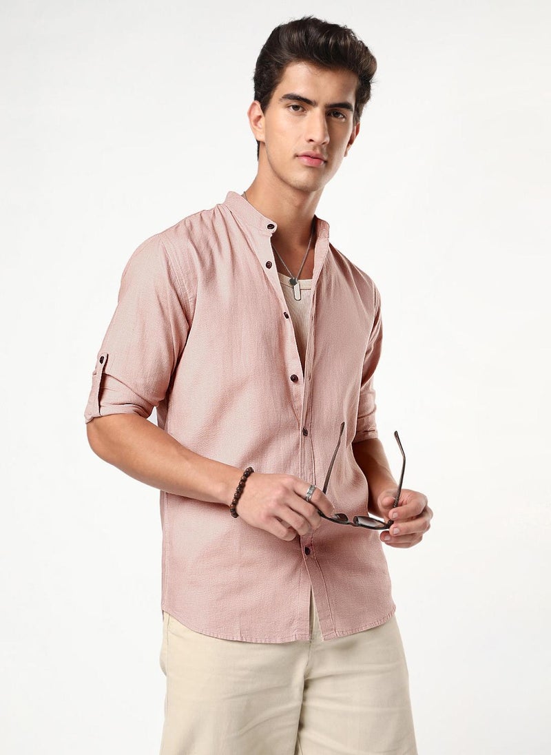 Urbano Fashion Men's Dusty Pink Linen Blend Full Sleeve Relaxed Fit Mandarin Collar Casual Solid Shirt - Image 1