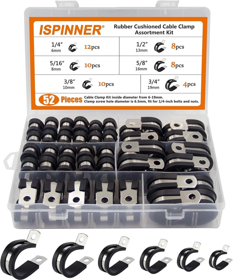 ISPINNER 52pcs Cable Clamps Assortment Kit, 304 Stainless Steel Rubber Cushion Pipe Clamps in 6 Sizes 1/4" 5/16" 3/8" 1/2" 5/8" 3/4" - Image 1