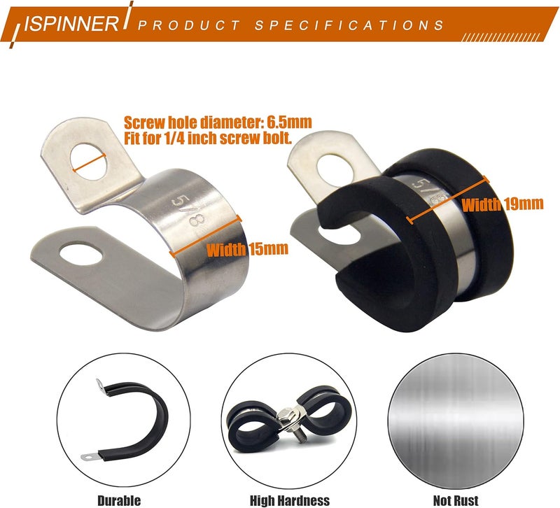 ISPINNER 52pcs Cable Clamps Assortment Kit, 304 Stainless Steel Rubber Cushion Pipe Clamps in 6 Sizes 1/4" 5/16" 3/8" 1/2" 5/8" 3/4" - Image 4
