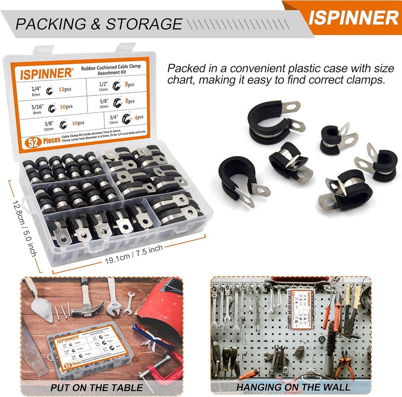 ISPINNER 52pcs Cable Clamps Assortment Kit, 304 Stainless Steel Rubber Cushion Pipe Clamps in 6 Sizes 1/4" 5/16" 3/8" 1/2" 5/8" 3/4" - Image 5