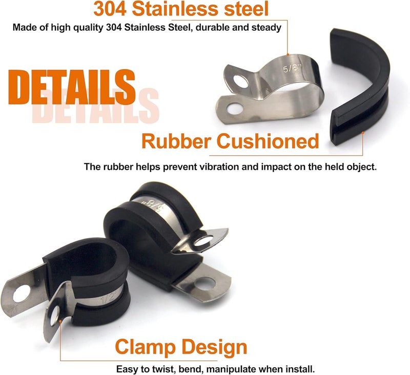 ISPINNER 52pcs Cable Clamps Assortment Kit, 304 Stainless Steel Rubber Cushion Pipe Clamps in 6 Sizes 1/4" 5/16" 3/8" 1/2" 5/8" 3/4" - Image 3