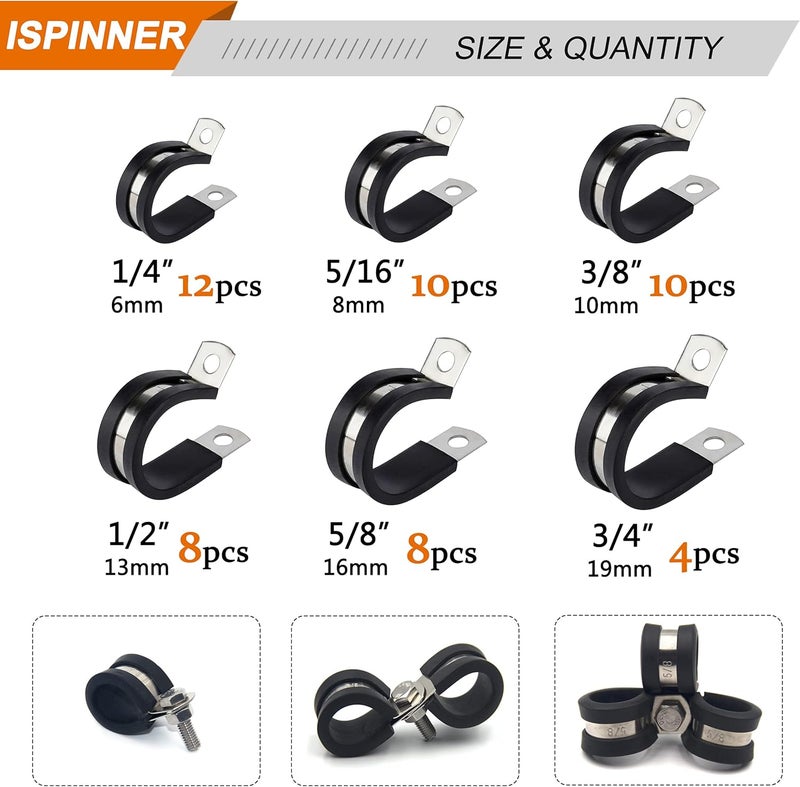 ISPINNER 52pcs Cable Clamps Assortment Kit, 304 Stainless Steel Rubber Cushion Pipe Clamps in 6 Sizes 1/4" 5/16" 3/8" 1/2" 5/8" 3/4" - Image 2