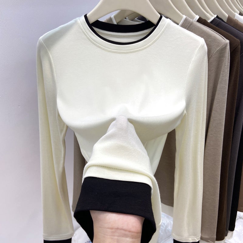 Maillard Design Fake Two-Piece Long-Sleeved T-Shirt Women'S Layered With Contrasting Color Inner Top And Bottoming Shirt - Image 1