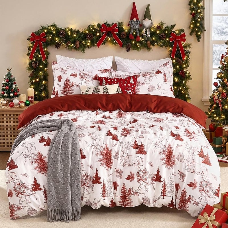 CAROMIO Christmas Duvet Cover King Reversible Printed Comforter Cover Set Holiday Decorative Bedding Soft Microfiber Red Duvet 2 Pillow Shams Christmas Theme King