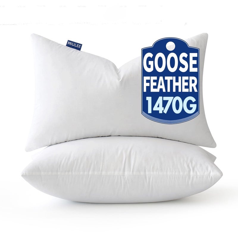 MIULEE وسائد سرير من ريش الإوز MIULEE مع غطاء قطن 100% حجم كوين مجموعة من 2 ناعمة ورقيقة للزينة للنوم في الفنادق للظهر باللون الأبيض
