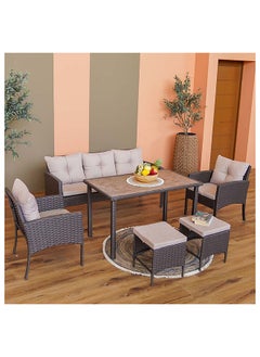 Sara 7 Seater Outdoor Sofa Set Steel Frame Garden Furniture Modern Design Lounge Sofa Sets 6 Pieces Outdoor Seating Table And Chairs Set For Patio Balcony Lawn Yard Beige
