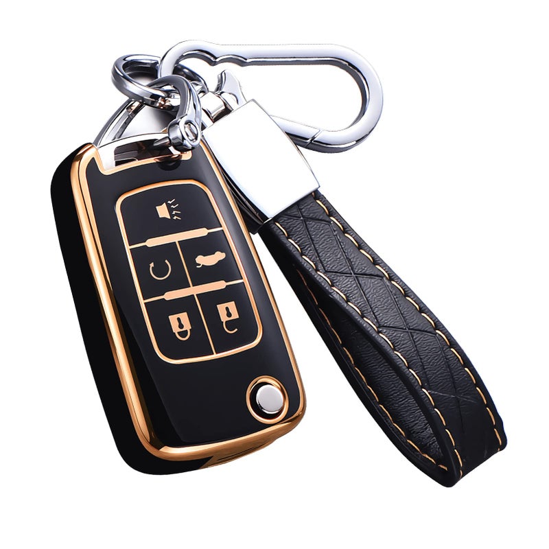 Cacacar for Chevy Key Fob Cover with Keychain, Premium TPU Full Protection Key Fob Case for Equinox Camaro Cruze Malibu Sonic Impala Buick Terrain (5 Buttons Black) - Image 1