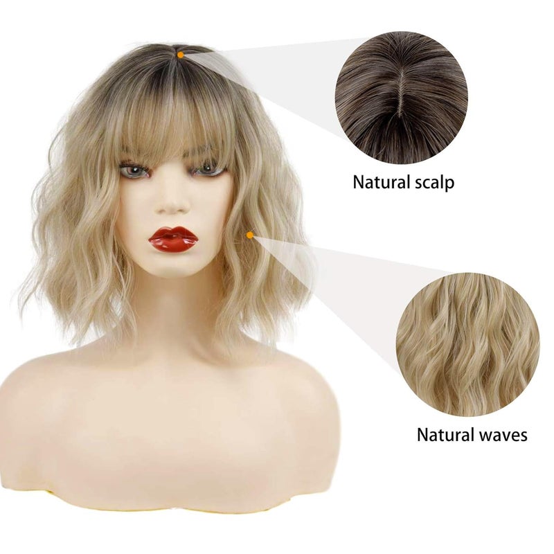 MISSQUEEN Short Blonde Wig with Bangs Synthetic Wavy Blonde Bob Wig Curly Heat Resistant Ombre Blonde Hair Wig for Women Daily Party Halloween Use - Image 3
