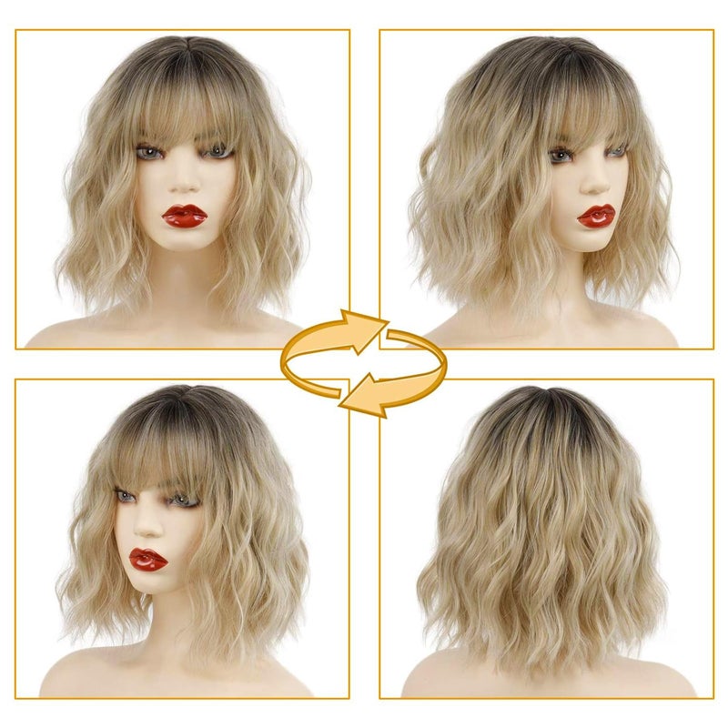 MISSQUEEN Short Blonde Wig with Bangs Synthetic Wavy Blonde Bob Wig Curly Heat Resistant Ombre Blonde Hair Wig for Women Daily Party Halloween Use - Image 5
