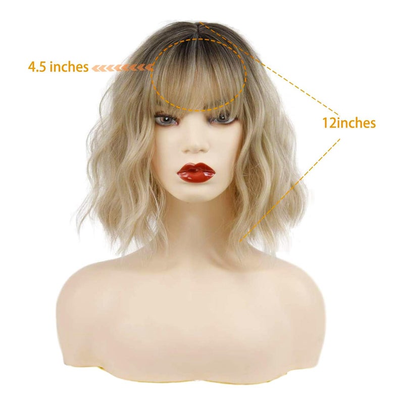 MISSQUEEN Short Blonde Wig with Bangs Synthetic Wavy Blonde Bob Wig Curly Heat Resistant Ombre Blonde Hair Wig for Women Daily Party Halloween Use - Image 2