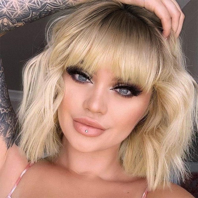MISSQUEEN Short Blonde Wig with Bangs Synthetic Wavy Blonde Bob Wig Curly Heat Resistant Ombre Blonde Hair Wig for Women Daily Party Halloween Use - Image 1
