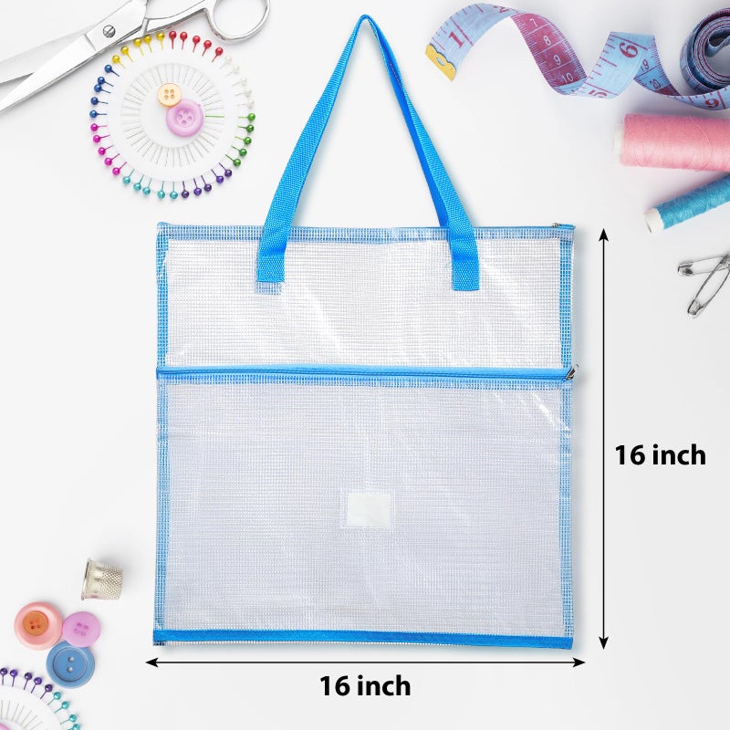 Cosblank 16.1x16.1inch Sew Project Bag Jumbo Needlepoint Project Bag for Sewing Quilting Craft Organizer Storage Portable Vinyl Mesh Zipper Pouch with Handle for Quilter Crafter Art Stitching(Blue) - Image 2