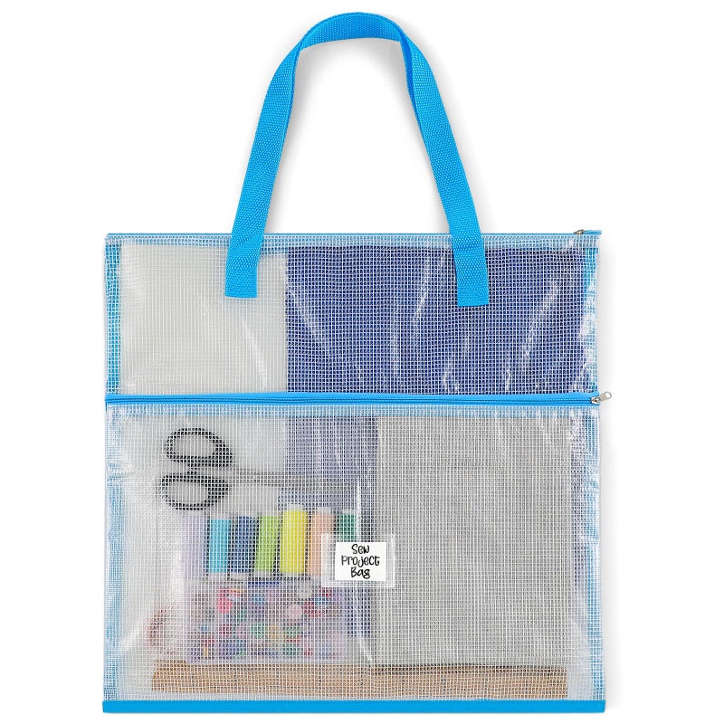 Cosblank 16.1x16.1inch Sew Project Bag Jumbo Needlepoint Project Bag for Sewing Quilting Craft Organizer Storage Portable Vinyl Mesh Zipper Pouch with Handle for Quilter Crafter Art Stitching(Blue) - Image 1