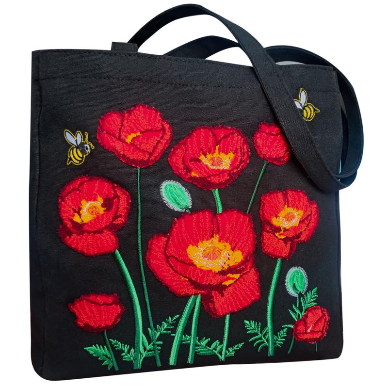 SUNWISHA Aesthetic Embroidery Tote Bag for Women- Reusable Canvas Cute Shoulder Bag for Shopping, Grocery, Work, Gym, Travel black - Image 1
