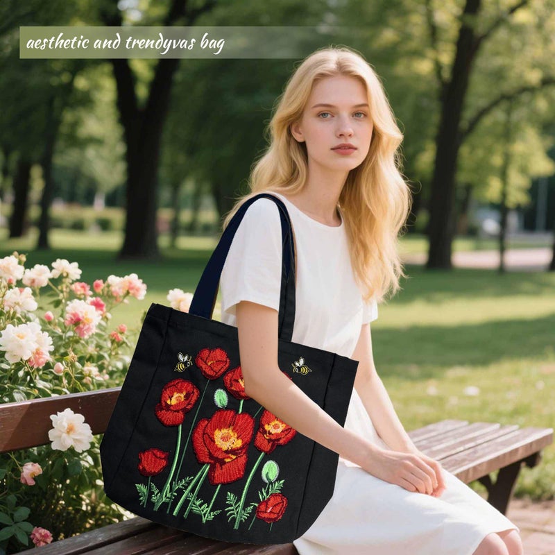 SUNWISHA Aesthetic Embroidery Tote Bag for Women- Reusable Canvas Cute Shoulder Bag for Shopping, Grocery, Work, Gym, Travel black - Image 3