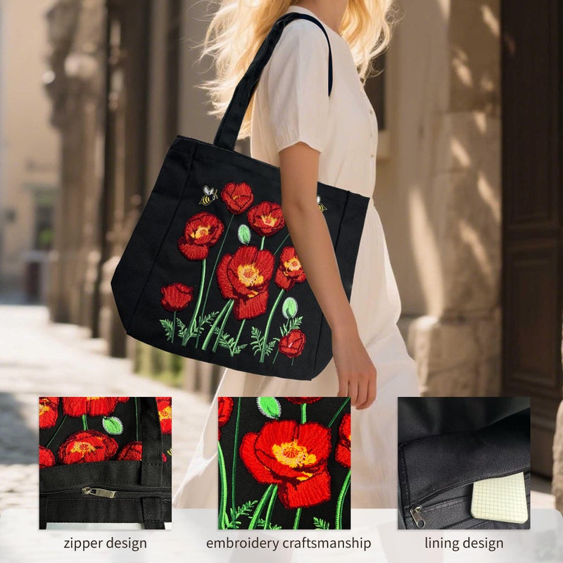 SUNWISHA Aesthetic Embroidery Tote Bag for Women- Reusable Canvas Cute Shoulder Bag for Shopping, Grocery, Work, Gym, Travel black - Image 4