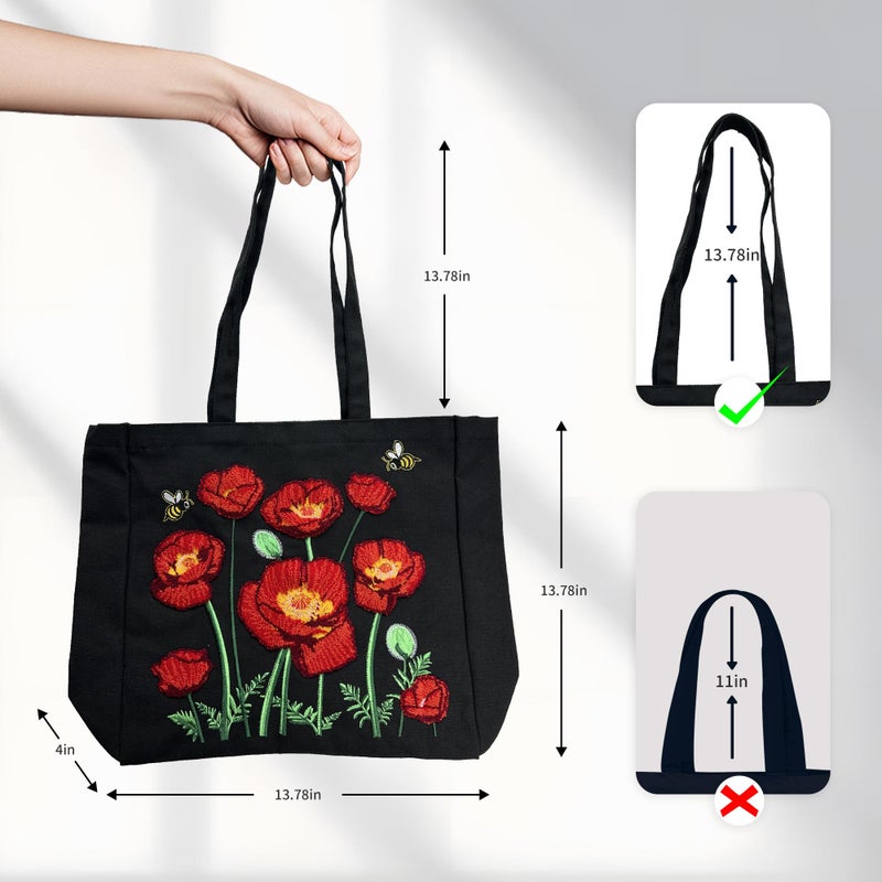 SUNWISHA Aesthetic Embroidery Tote Bag for Women- Reusable Canvas Cute Shoulder Bag for Shopping, Grocery, Work, Gym, Travel black - Image 5
