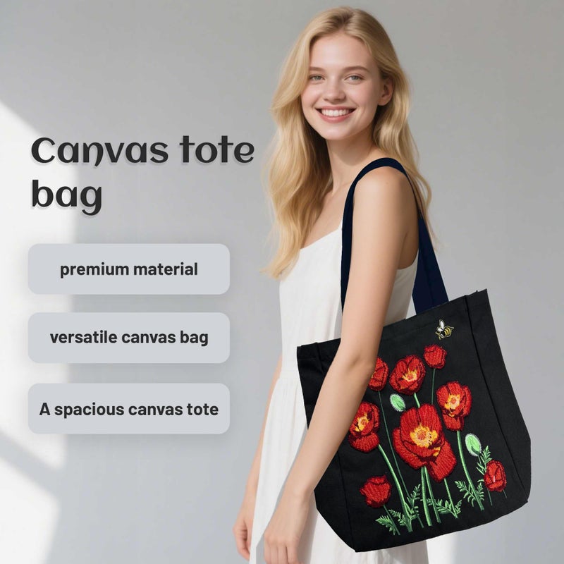 SUNWISHA Aesthetic Embroidery Tote Bag for Women- Reusable Canvas Cute Shoulder Bag for Shopping, Grocery, Work, Gym, Travel black - Image 2
