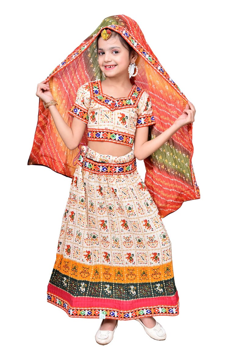 AHHAAAA Kids Ethnic Printed Ghoomar Lehenga Choli-Chania Choli with Dupatta Set for Baby Girls - Image 1