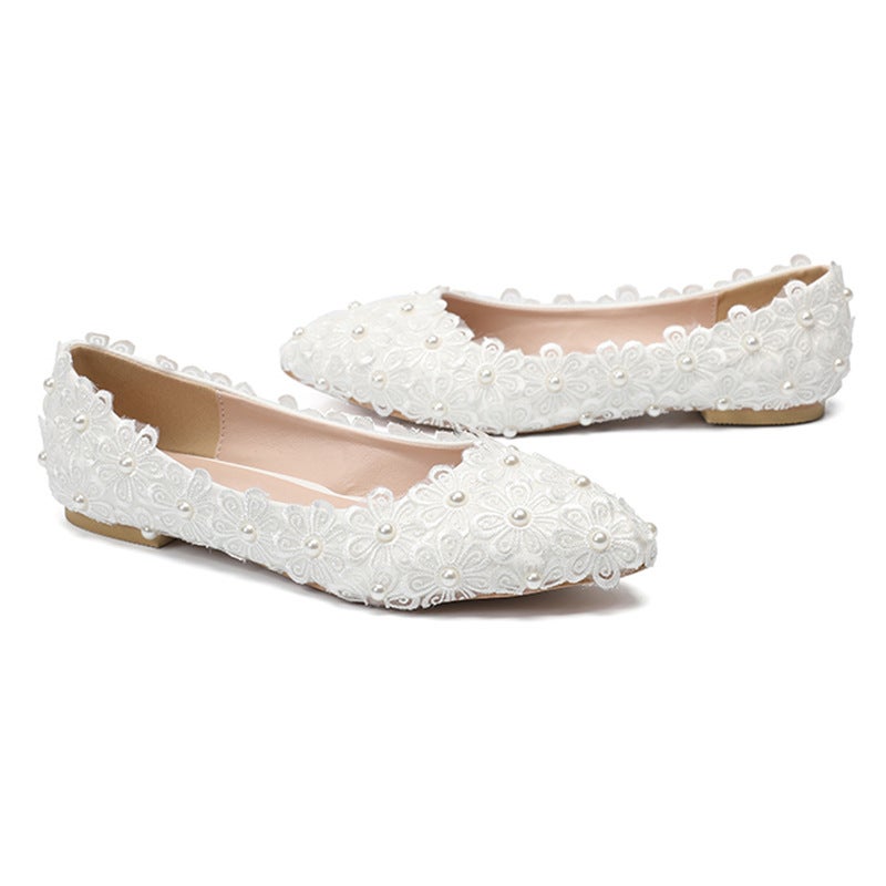 أحذية لؤلؤة دانتيل جديدة 2021 أحذية مسطحة أحذية زفاف أحذية مدببة مريحة - Image 4
