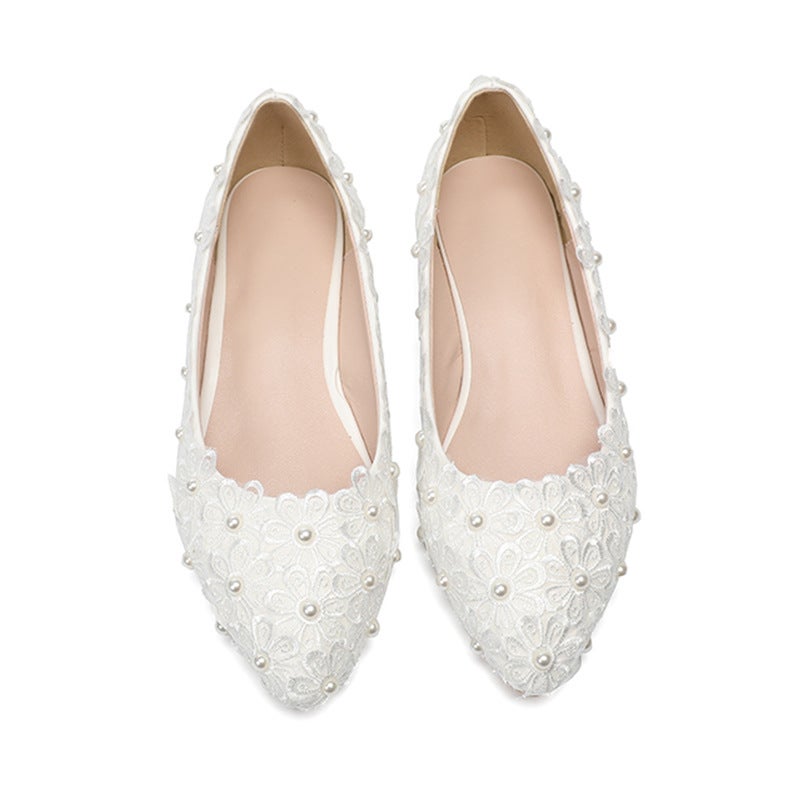 أحذية لؤلؤة دانتيل جديدة 2021 أحذية مسطحة أحذية زفاف أحذية مدببة مريحة - Image 5