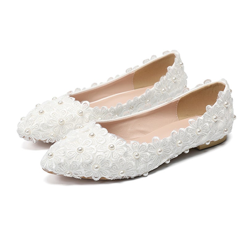 أحذية لؤلؤة دانتيل جديدة 2021 أحذية مسطحة أحذية زفاف أحذية مدببة مريحة - Image 1