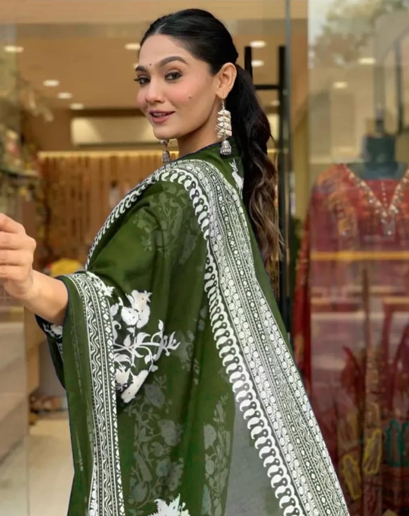 Toochki Kurti Set for Women | Anarkali Fit & Flared Kurtas for Women's | Cotton Kurtis for Woman | Kurta with Palazzo & Dupatta | Ethnic Salwar Suits Sets Olive Green - Image 5