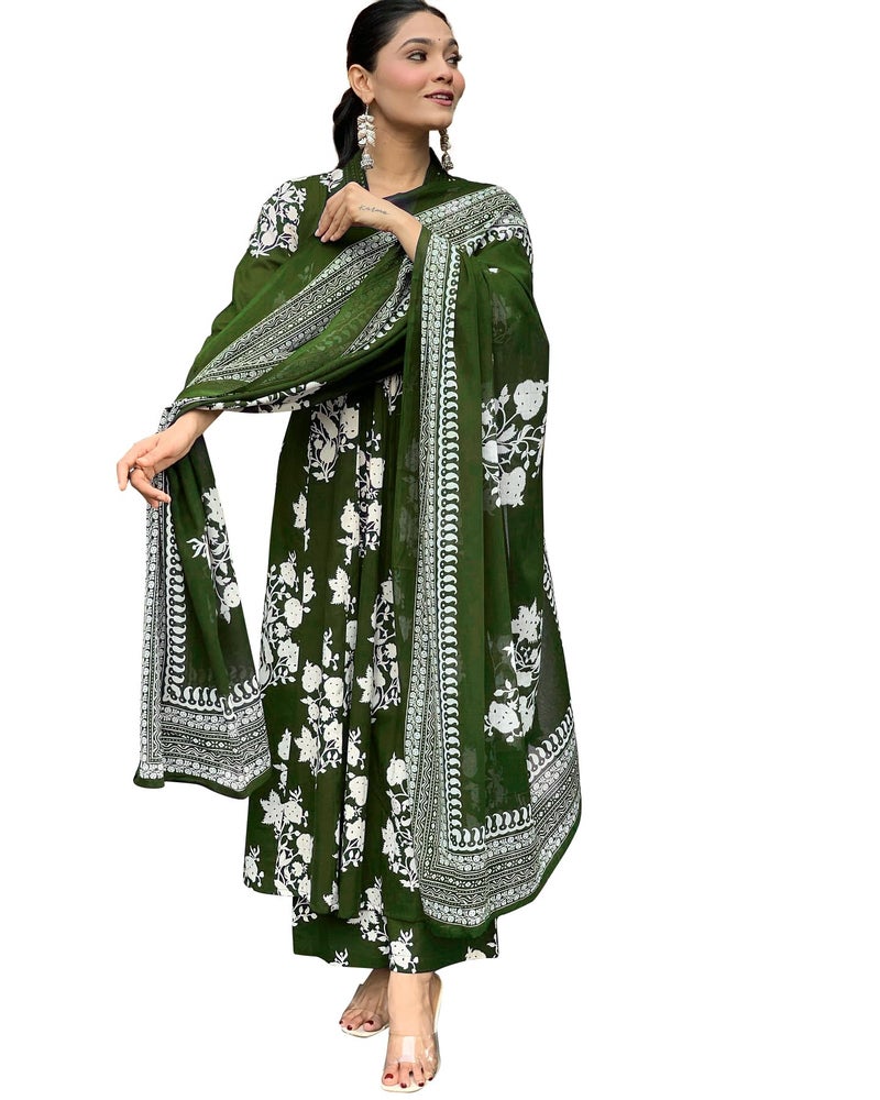 Toochki Kurti Set for Women | Anarkali Fit & Flared Kurtas for Women's | Cotton Kurtis for Woman | Kurta with Palazzo & Dupatta | Ethnic Salwar Suits Sets Olive Green - Image 1