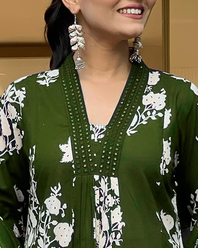 Toochki Kurti Set for Women | Anarkali Fit & Flared Kurtas for Women's | Cotton Kurtis for Woman | Kurta with Palazzo & Dupatta | Ethnic Salwar Suits Sets Olive Green - Image 3