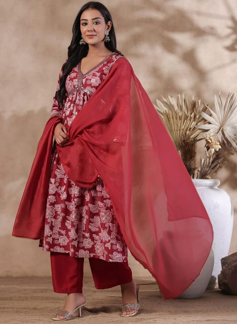 آي شين Women's Brick Red Silk Printed Tunic Full Length Palazzo Regular Fit Kurta Set