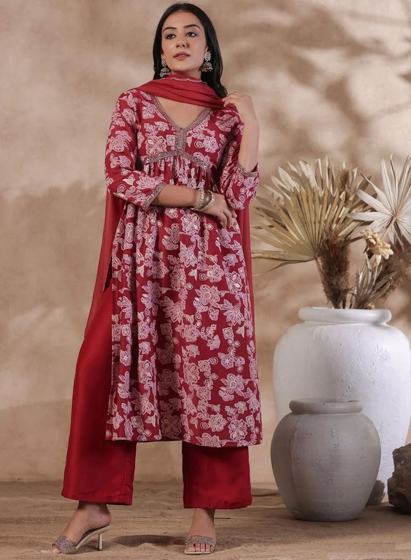 آي شين Women's Brick Red Silk Printed Tunic Full Length Palazzo Regular Fit Kurta Set