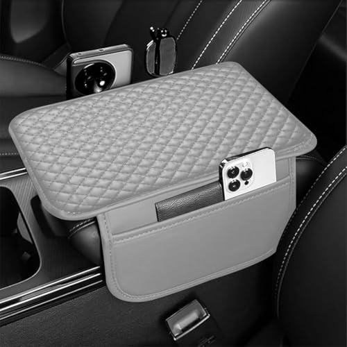 Lyrovo PU Leather Car Armrest Cushion Pad With Side Pockets, Universal Fit for All Car (Grey) - Image 1
