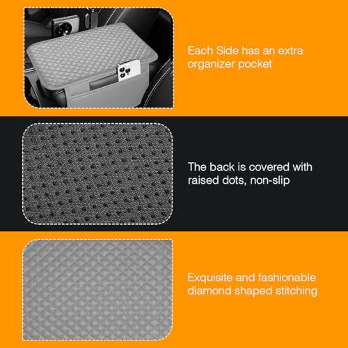 Lyrovo PU Leather Car Armrest Cushion Pad With Side Pockets, Universal Fit for All Car (Grey) - Image 4