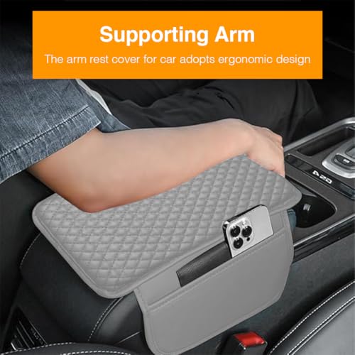 Lyrovo PU Leather Car Armrest Cushion Pad With Side Pockets, Universal Fit for All Car (Grey) - Image 3
