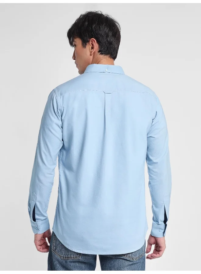 Beyoung Long Sleeve Sky Blue Oxford Shirt for Men