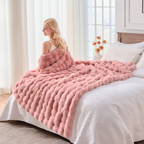 BENVWE Faux Fur Throw Blanket for Couch - Fluffy Soft Thick Bubble Blanket for Living Room Home Decor - Mothers Day Birthday Gifts for Women, Dusty Pink, 51" x 63" - Image 4