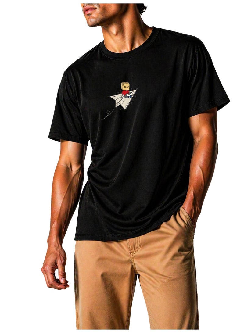 Relax Fit Cotton T-shirt with Paper Plane Print - Black - Image 1