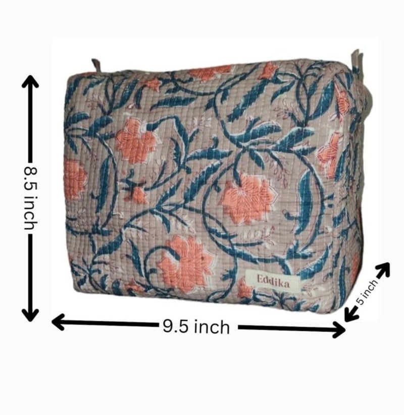 Eddika Quilted Hand Block Printed Cotton Multipurpose Extra Large Cosmetic Bags for Storage Travel Kit Makeup PouchesToiletry Baglbh 95 585 inches eeltpcb04 - Image 3