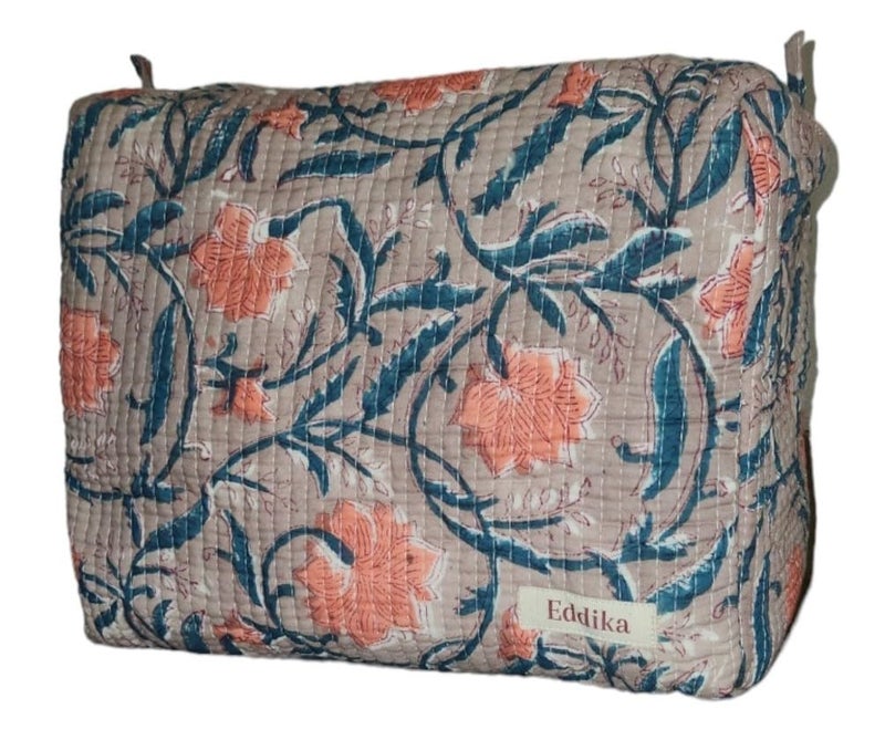 Eddika Quilted Hand Block Printed Cotton Multipurpose Extra Large Cosmetic Bags for Storage Travel Kit Makeup PouchesToiletry Baglbh 95 585 inches eeltpcb04 - Image 1