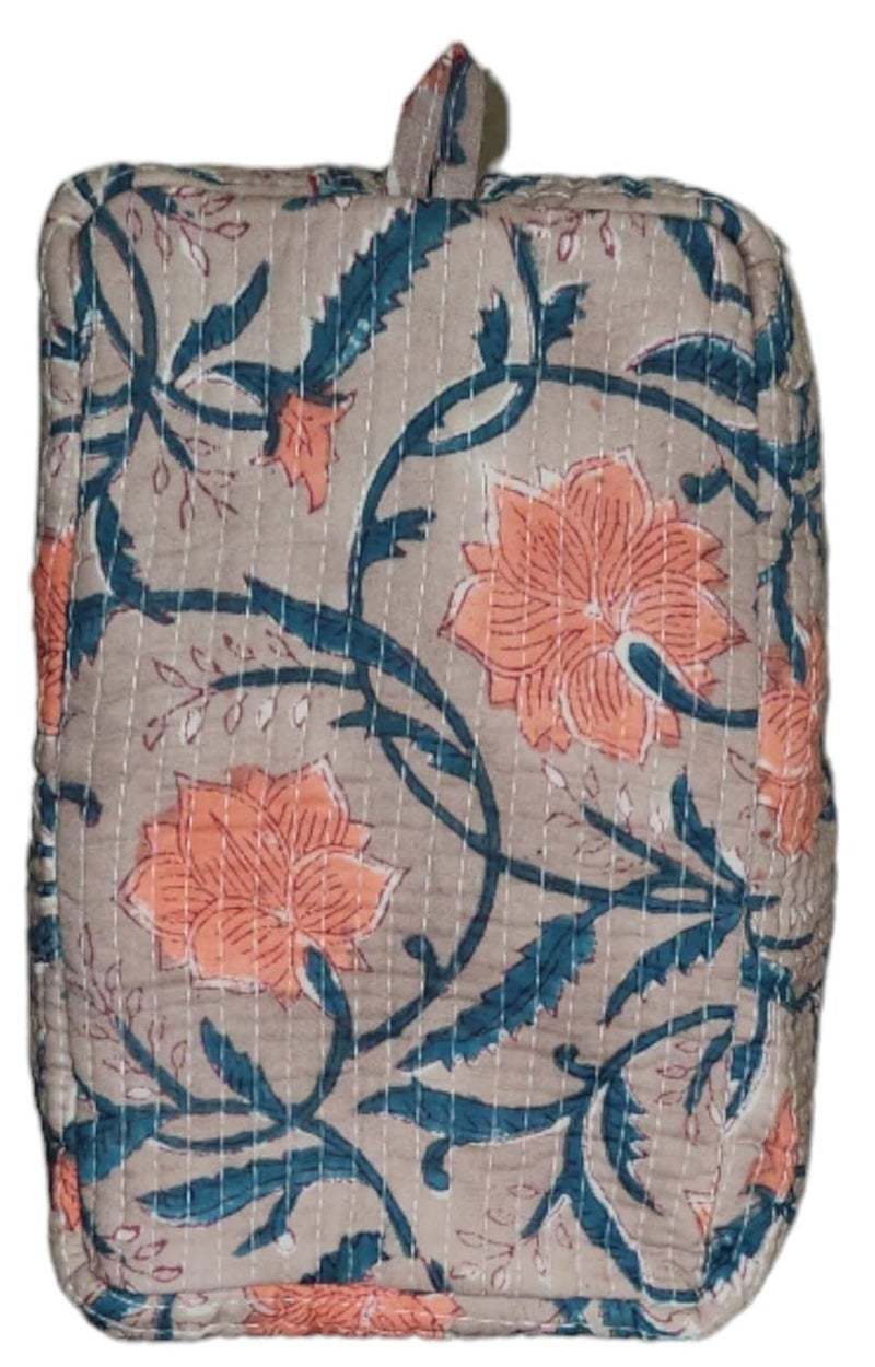 Eddika Quilted Hand Block Printed Cotton Multipurpose Extra Large Cosmetic Bags for Storage Travel Kit Makeup PouchesToiletry Baglbh 95 585 inches eeltpcb04 - Image 2