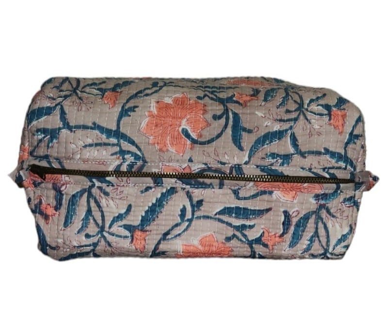 Eddika Quilted Hand Block Printed Cotton Multipurpose Extra Large Cosmetic Bags for Storage Travel Kit Makeup PouchesToiletry Baglbh 95 585 inches eeltpcb04 - Image 5