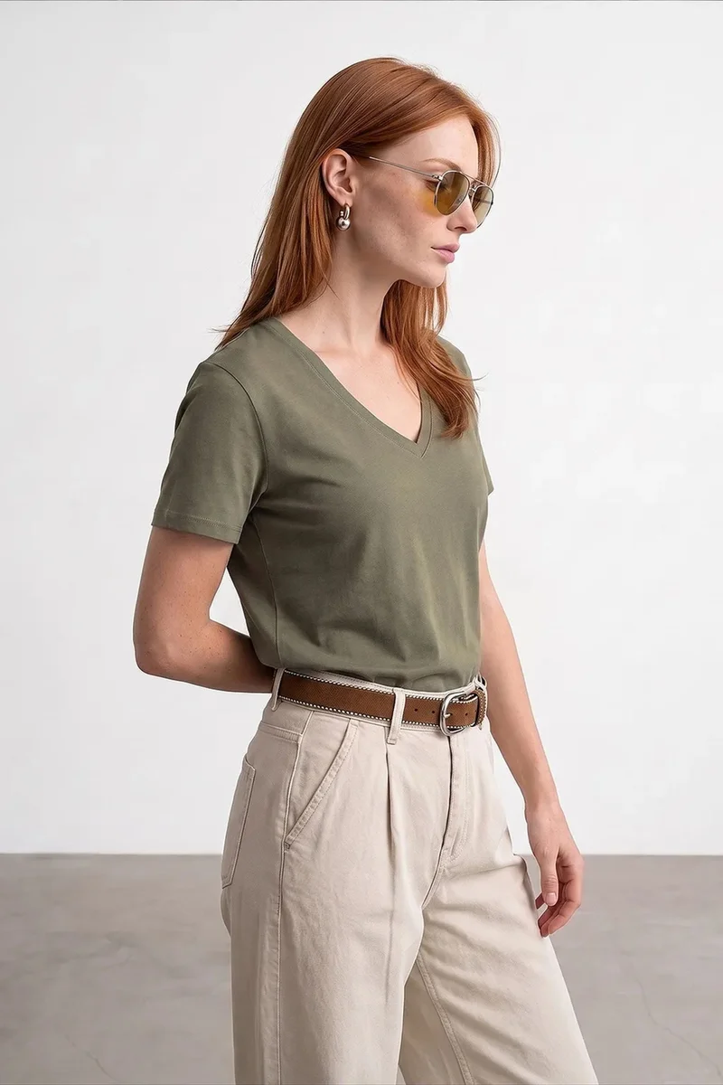 DILVIN Cotton Tencel V-Neck Short-Sleeve Blouse