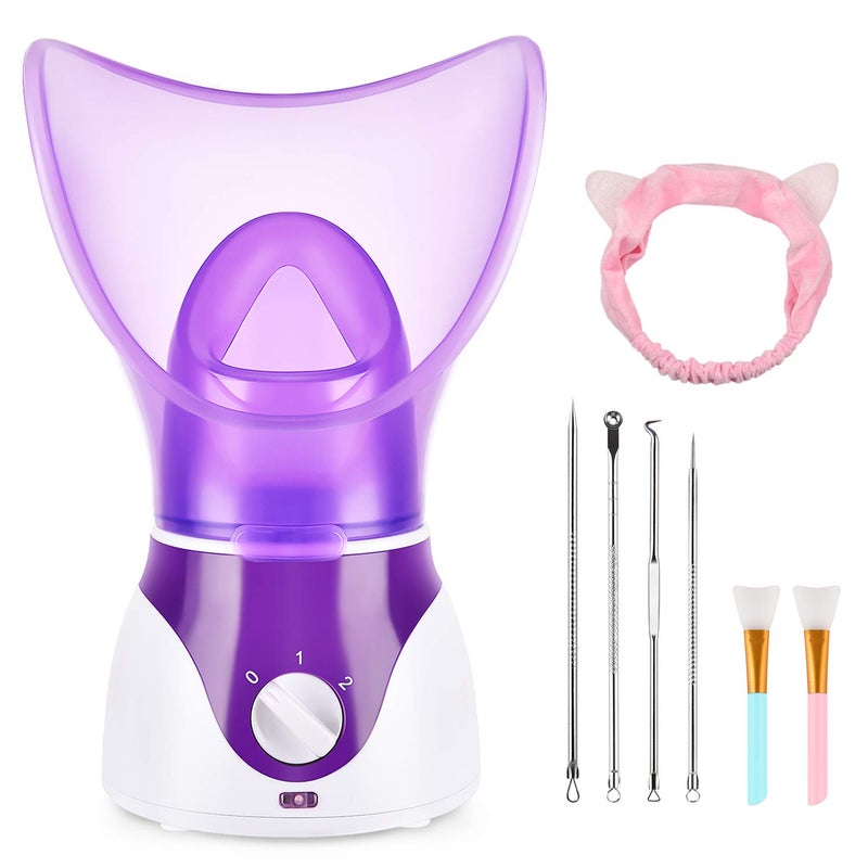 Facial Steamer for Face Face Steamer for Facial Deep Cleaning Nano Ionic Facial Steamer for Unclogs Pores Hydrating Purple Include Blackhead Remover Kit Brush Headband